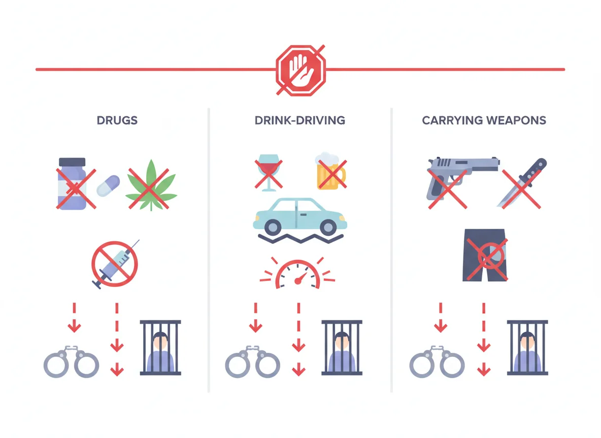 Drugs, drink-driving and carrying weapons